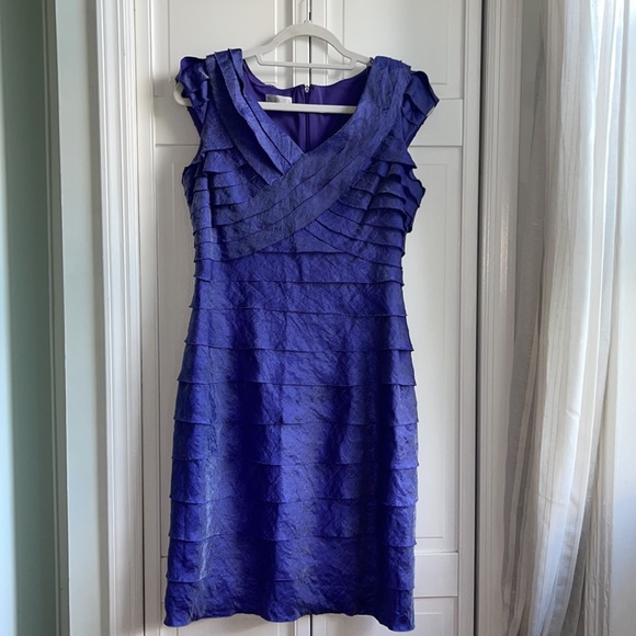 London Times Dress Tiered Purple Iridescent Cap Sleeve Mother Bride Raw Edge - Picture 12 of 16